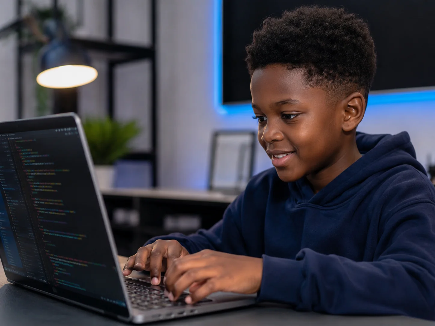 Black child learning computer coding