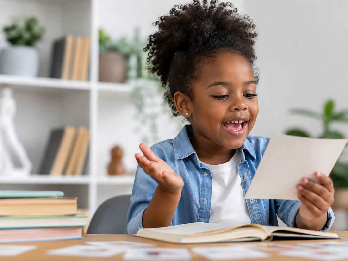 Black child practising language and reading skills