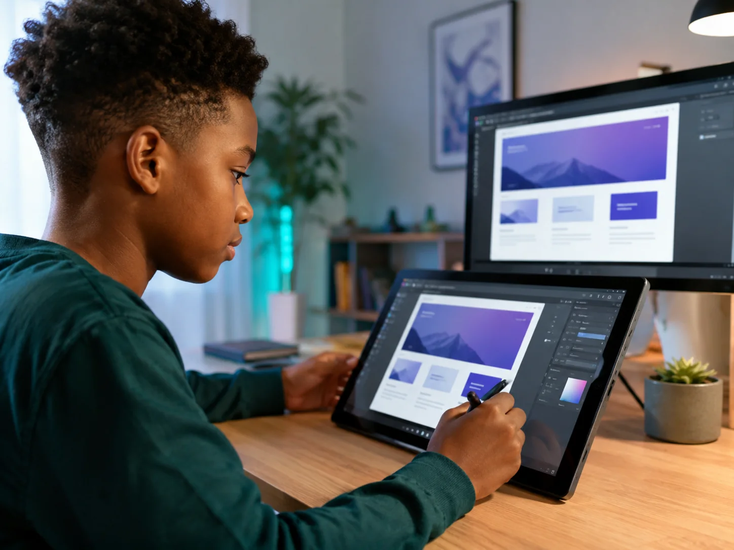 Black child designing a website on a digital device